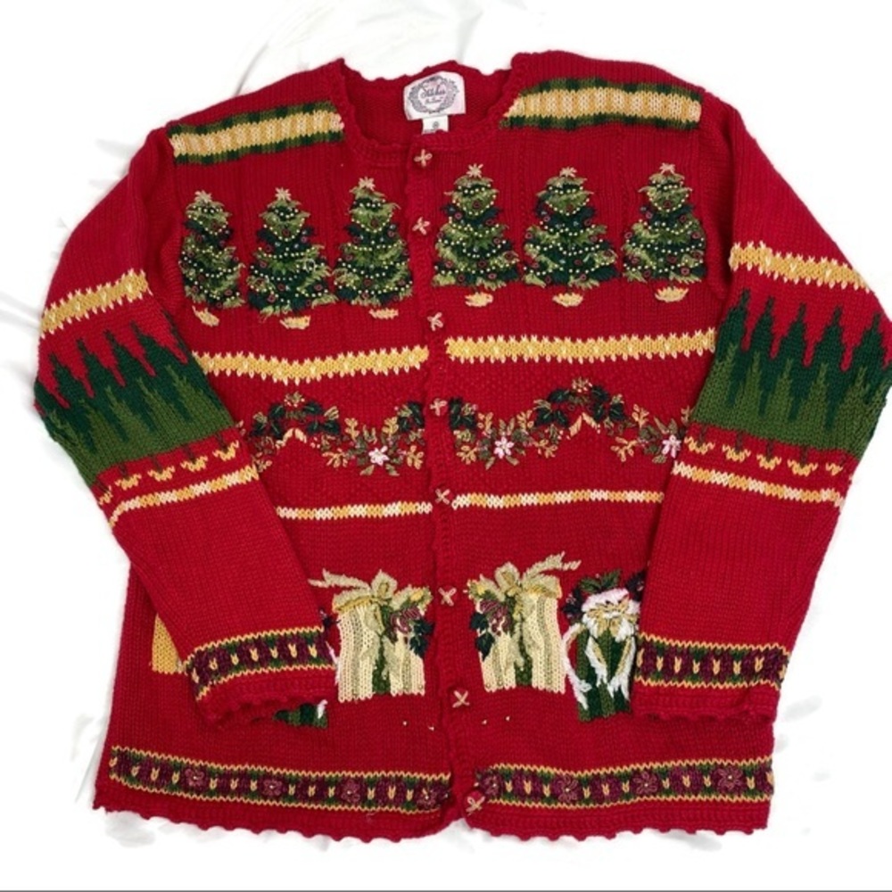 Vintage Stitches In Time Red Christmas Cardigan Button Down Medium